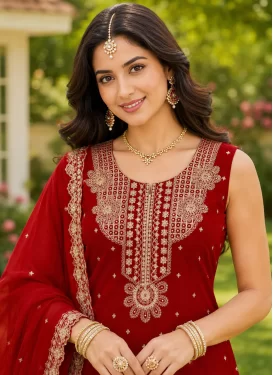 Georgette Readymade Salwar Suit with Embroidered Work in Red