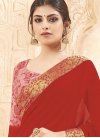 Dignified Faux Georgette Pink and Red Lace Work Half N Half Saree For Ceremonial - 1