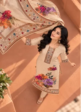 Cotton Silk Straight Suit with Beads Work in Beige for Ceremonial