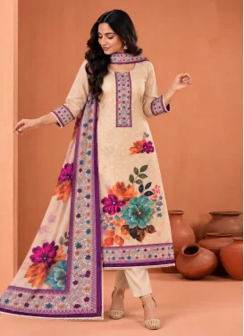 Beads Work Cotton Silk Straight Suit in Beige for Women