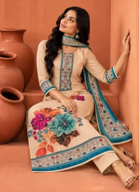 Beige Cotton Silk Beads Work Straight Suit for Women