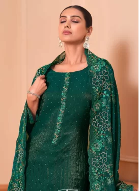 Embroidered Work Fancy Fabric Straight Suit in Green for Festival