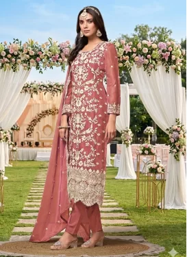 Fancy Fabric Straight Suit with Embroidered Work in Salmon for Ceremonial