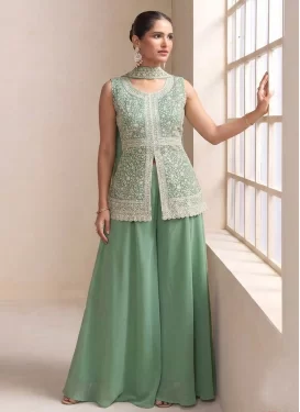 Georgette Palazzo Suit with Embroidered Work for Women in Sea Green