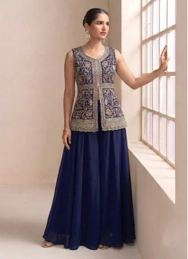 Georgette Palazzo Suit in Navy Blue with Embroidered Work for Women