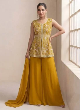Mustard Georgette Palazzo Suit with Embroidered Work for Ceremonial