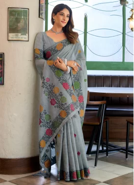Linen Classic Saree with Woven Work for Ceremonial in Grey