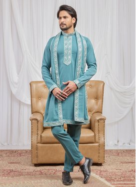 Embroidered Work Fancy Fabric Kurta Pajama With Jacket in Aqua Blue for Festival