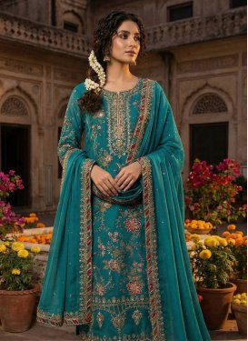 Embroidered Work Chiffon Straight Suit in Teal for Women