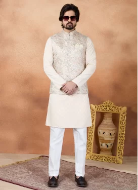 Art Silk Kurta Pajama With Jacket with Digital Print Work for Ceremonial in Beige and White