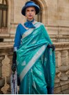 Navy Blue and Turquoise Handloom Silk Designer Traditional Saree - 1