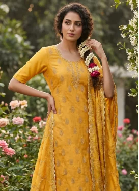 Silk Blend Beads Work Straight Suit in Mustard