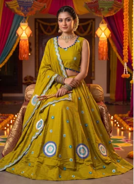 Embroidered Work Vichitra Silk Readymade Lehenga Choli in Olive for Festival