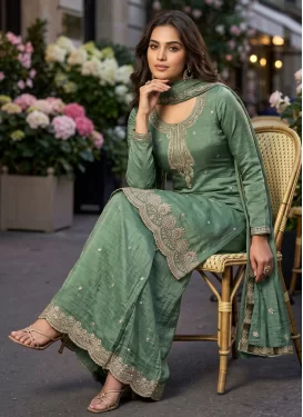 Embroidered Work Fendi Silk Palazzo Suit in Sea Green for Festival