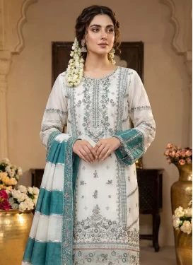 Embroidered Work Organza Pakistani Suit in Off White and Teal for Women