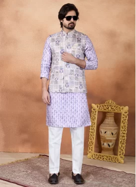 Art Silk Kurta Pajama With Jacket with Digital Print Work in Violet and White for Festival