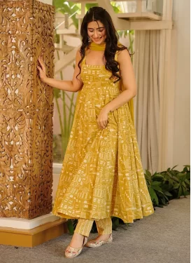 Digital Print Work Maslin Anarkali Suit in Gold for Women