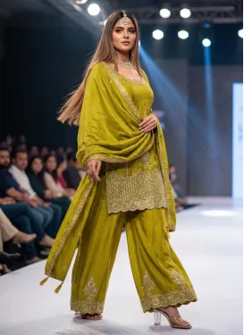 Embroidered Work Chinon Palazzo Suit in Olive for Festival