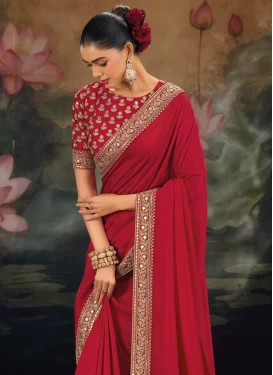 Embroidered Work Classic Saree For Festival in Red