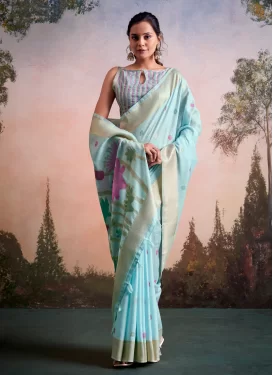 Woven Work Linen Classic Saree in Firozi for Ceremonial