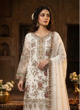Embroidered Work Chiffon Straight Suit in Off White for Women