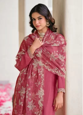 Embroidered Work Chinon Palazzo Suit in Hot Pink for Women