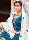 Embroidered Work Off White and Teal Chinon Palazzo Designer Salwar Suit - 1