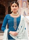 Embroidered Work Off White and Teal Chinon Palazzo Designer Salwar Suit - 2