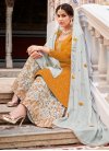 Embroidered Work Mustard and Off White Chinon Palazzo Straight Salwar Kameez - 1