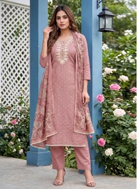 Cotton Silk Straight Suit in Mauve Pink with Embroidered Work for Women