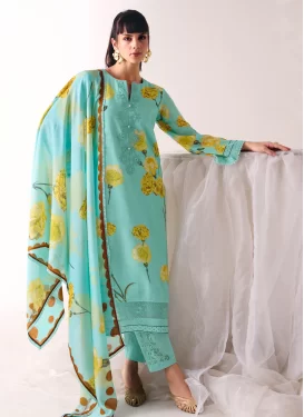 Cotton Straight Suit with Digital Print Work for Ceremonial in Turquoise