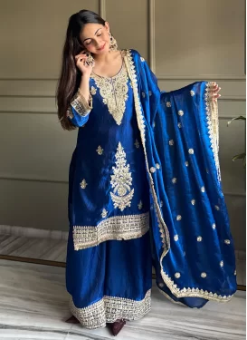 Silk Blend Palazzo Suit with Embroidered Work in Blue