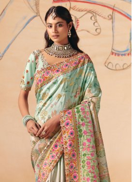 Aqua Blue Dola Silk Embroidered Work Trendy Saree for Women