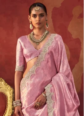 Viscose Traditional Saree with Embroidered Work for Women in Pink