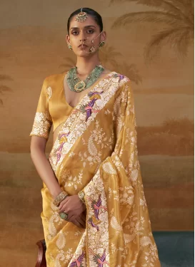 Handloom Silk Classic Saree in Mustard with Embroidered Work for Festival