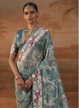 Embroidered Work Handloom Silk Classic Saree in Aqua Blue for Women