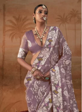 Handloom Silk Classic Saree in Mauve Pink with Embroidered Work for Women