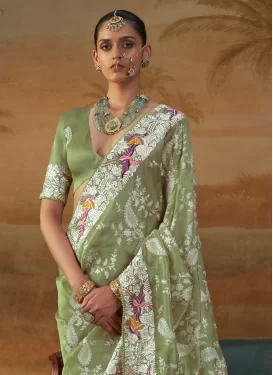 Handloom Silk Classic Saree with Embroidered Work in Mint Green for Festival