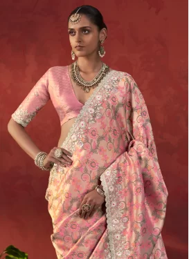 Viscose Traditional Saree with Embroidered Work in Pink for Festival