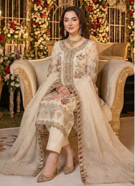 Embroidered Work Chiffon Straight Suit in Cream for Women