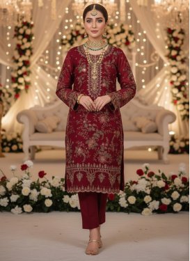 Embroidered Work Chiffon Straight Suit in Maroon for Women