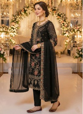 Black Chiffon Straight Suit with Embroidered Work for Festival