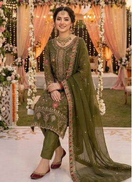 Chiffon Straight Suit in Olive with Embroidered Work for Festival
