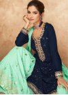 Navy Blue and Turquoise Faux Georgette Sharara Salwar Kameez - 1