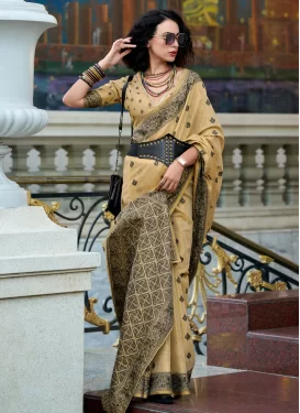 Linen Traditional Saree in Cream with Woven Work for Festival