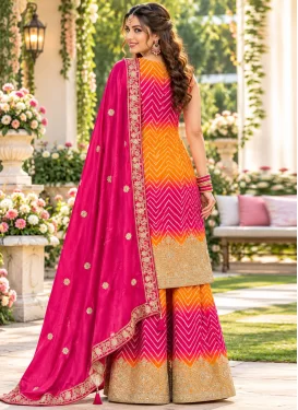 Orange and Rose Pink Chinon Embroidered Work Palazzo Suit for Women