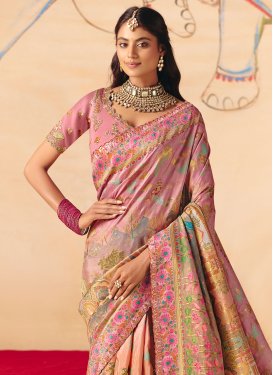 Dola Silk Trendy Saree with Embroidered Work in Peach and Pink for Bridal