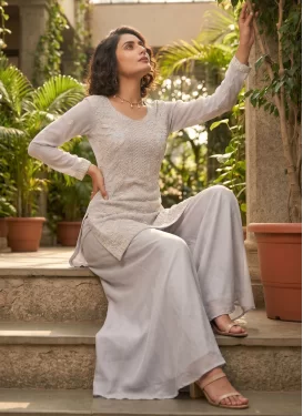 Beads Work Chinon Palazzo Suit in Silver Color for Women