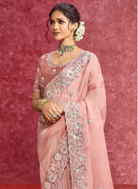 Fancy Fabric Classic Saree in Salmon with Embroidered Work for Festival