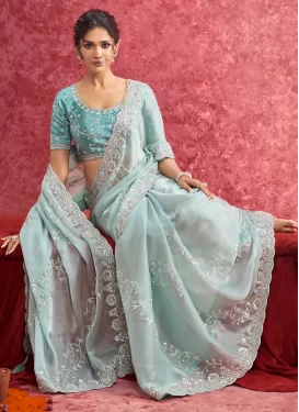 Tissue Classic Saree in Aqua Blue with Embroidered Work for Women